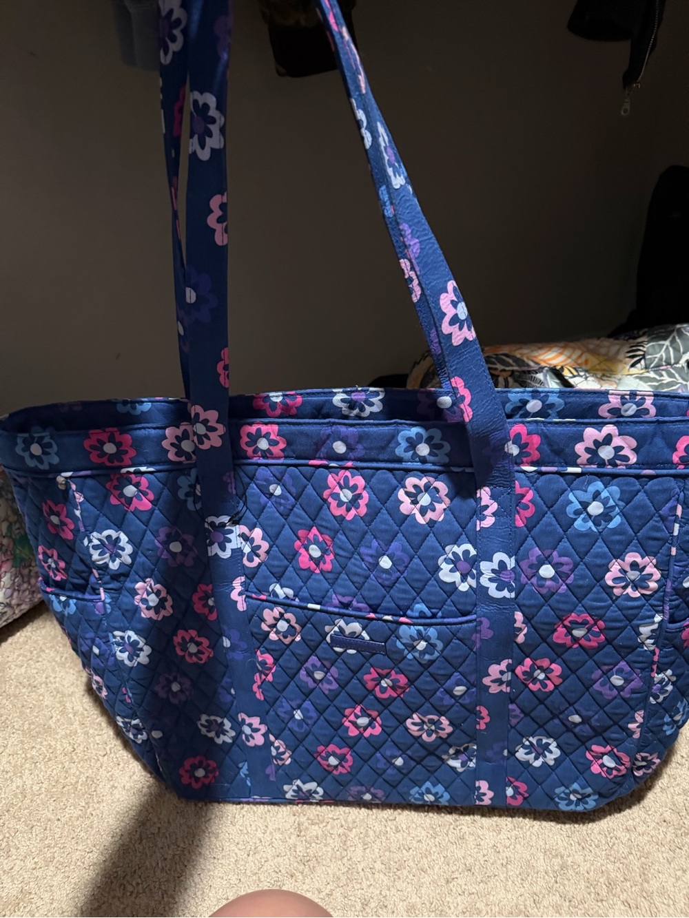 Vera Bradley Quilted Floral Navy Tote with Pink Accents
